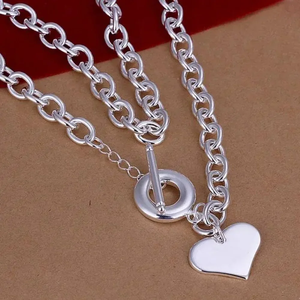 Toggle O-Chain w/ Heart Pendant 18 Inch Long Chain Stamped .925 Sterling Silver